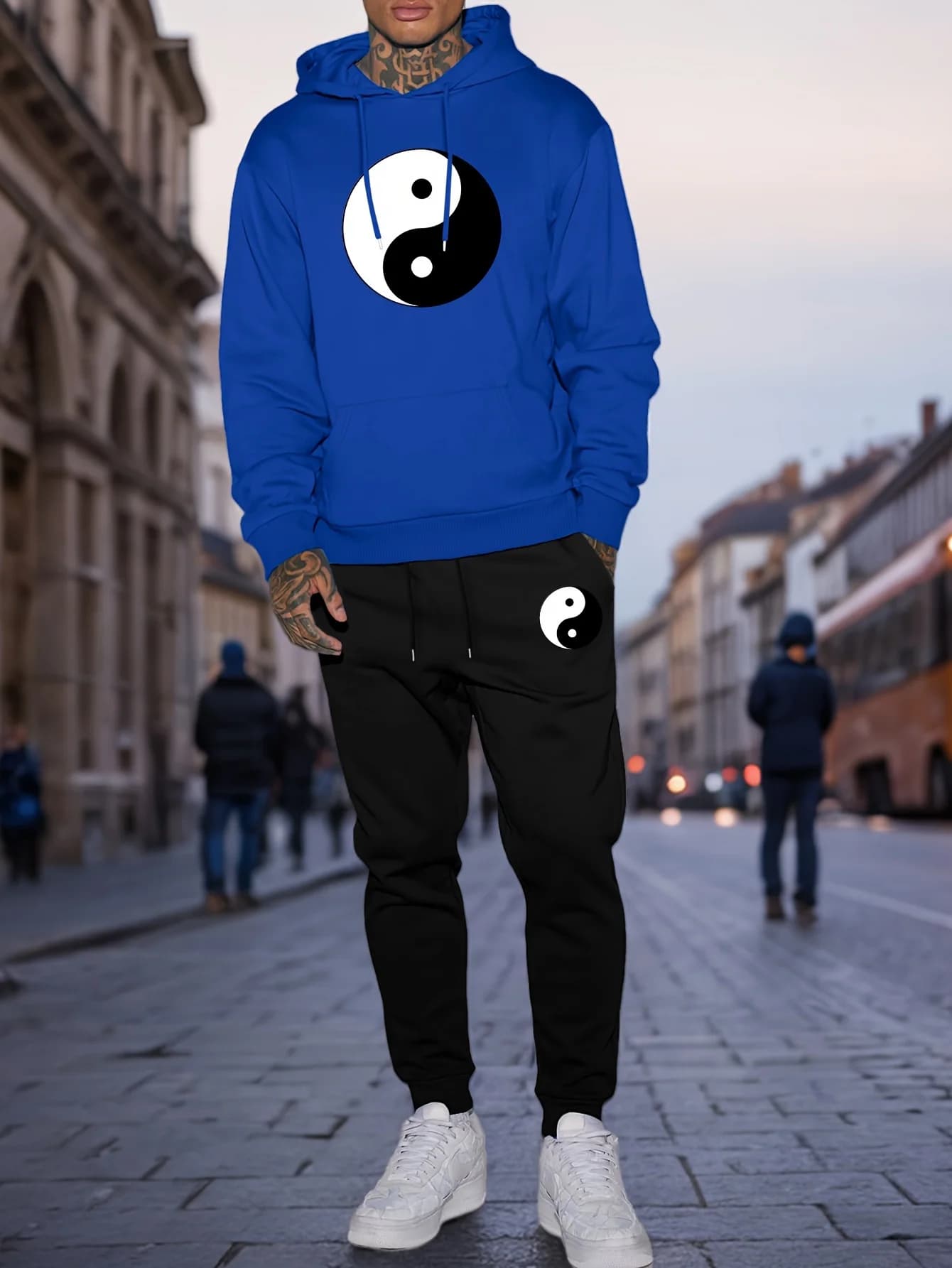 2026 Men Yin Yang Tai Chi Symbol Graphic 2 Piece Hoodie Jogger Pants Set Casual Autumn Winter Sports Tracksuit