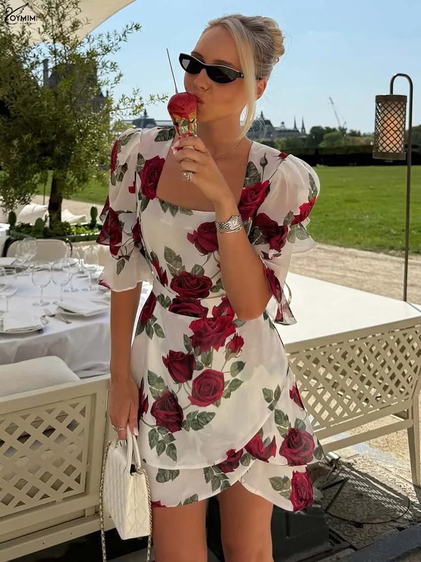 Oymimi Fashion White Print Dresses For Women Elegant Square Neck Half Sleeve High Waist Dresses Summer Ruffled Mini Dress Female