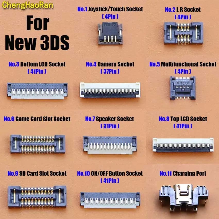 1 pezzo per la nuova porta di ricarica USB 3DS gioco slot per scheda SD corno presa per fotocamera joystick touch top buttom LCD screem connettore FPC