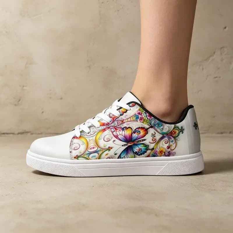 Ladies Men's Road Running Shoes，White sneakers with printed design，Various sizes available，Vibrant Butterfly and Heart Art Desig