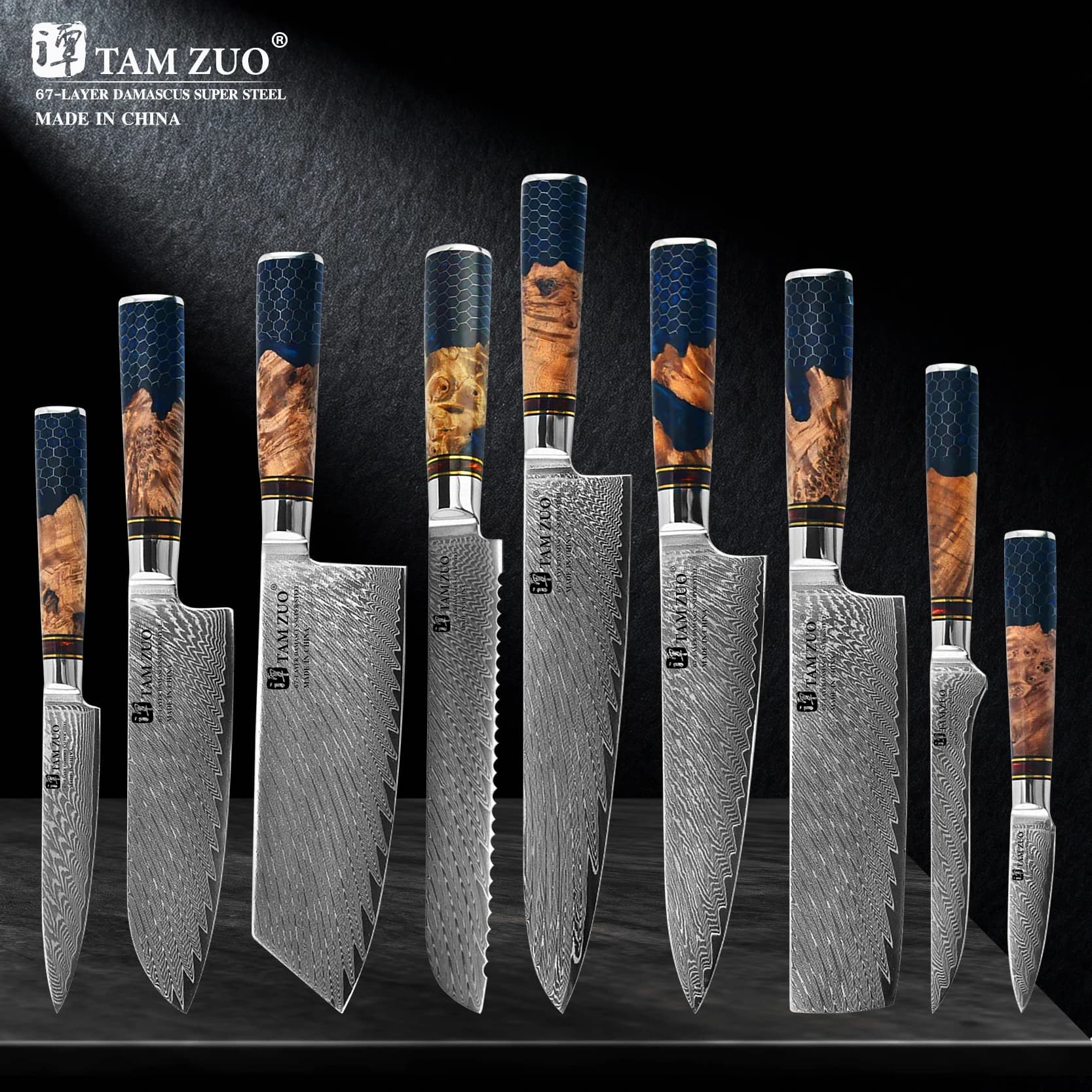 TAMZUO 1-9PCS Coltelli da cucina Set Coltello da cuoco in acciaio di Damasco Taglio affilato Verdure Carne a fette Pane Manico a nido d'ape in resina blu
