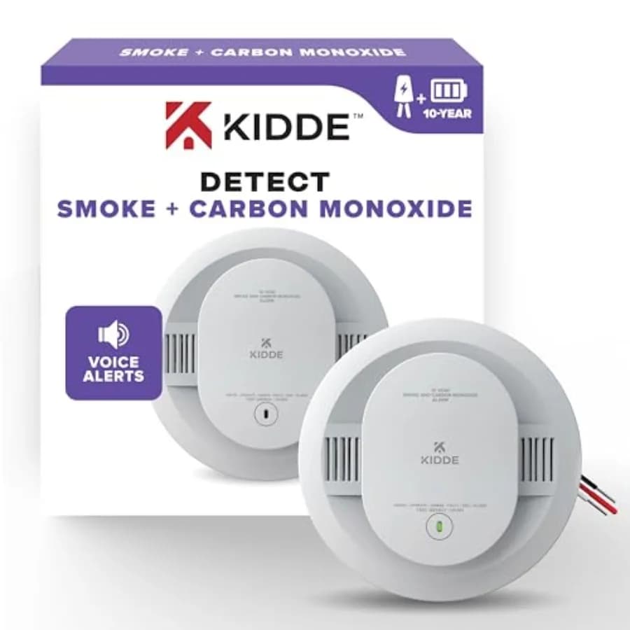 Smoke and Carbon Monoxide Detector for home safety, ABS plastic, white, hardwired with 10-year battery backup, voice alerts, LE