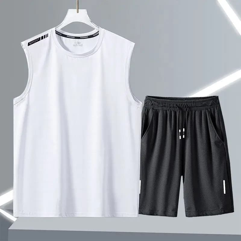 Men's Sports Completion 2 Pieces: Sleeveless T-shirt Ice Silk Effect and 5 Inch Shorts, Breathable, for Gym and Free Time