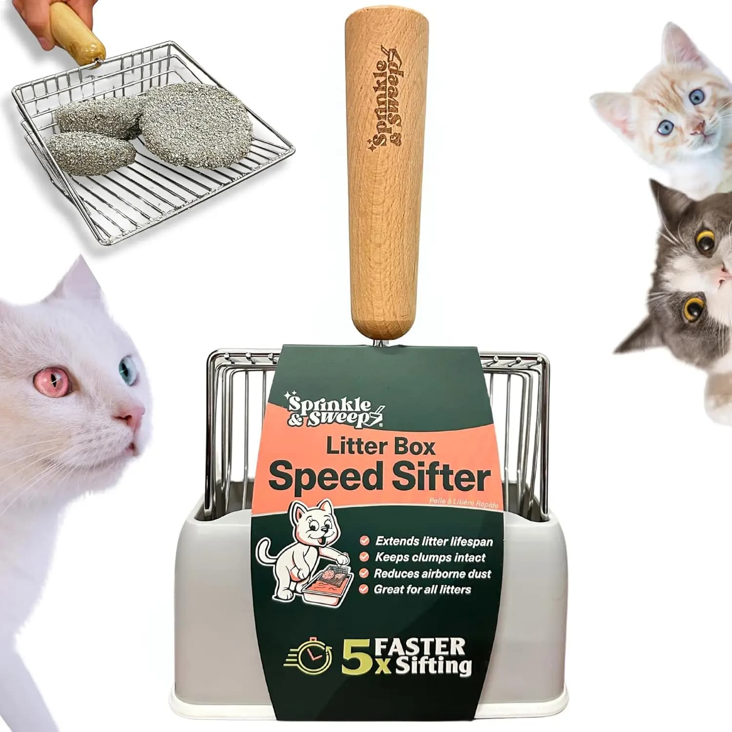 Paletta per lettiera per gatti in metallo resistente con impugnatura in legno di faggio e supporto per una facile pulizia