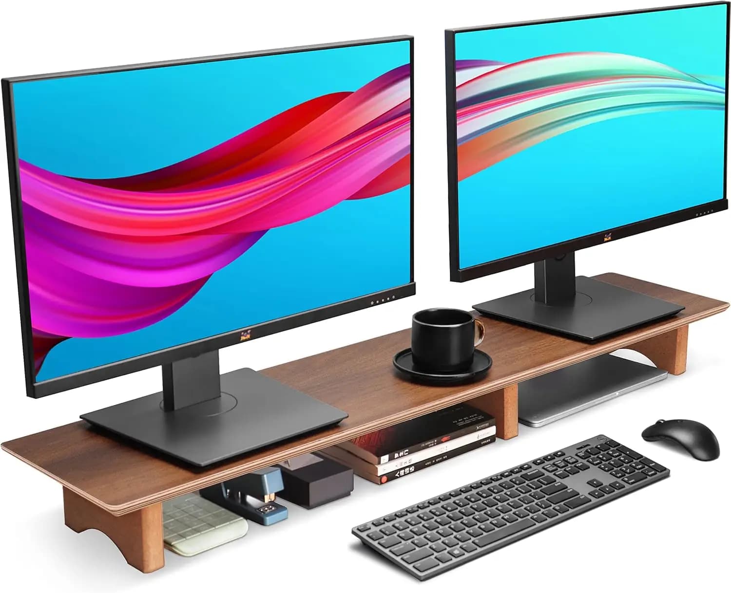 Support for Dual Monitor in Black Walnut from 43 Inches with Cheese Legs, Extra Long Desk Organizer for 2 Monitor, Laptop and Printer