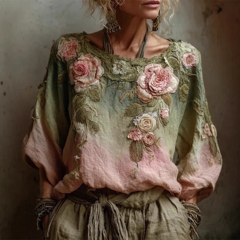 Camicetta Vintage Boho con Stampa Floreale 3D a Maniche Lunghe, Leggera e Comoda per Donne, Ideale per Spiaggia e Vacanze
