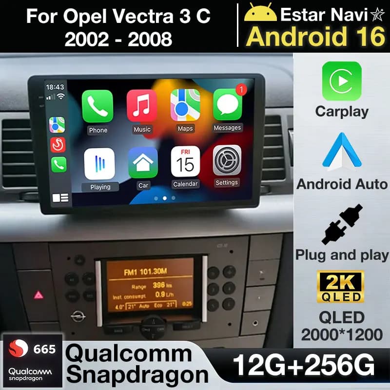 Autoradio Android 16 con Carplay per Opel Vectra C 3 (2002-2008) - Lettore Video WiFi, Navigatore GPS, Stereo Auto