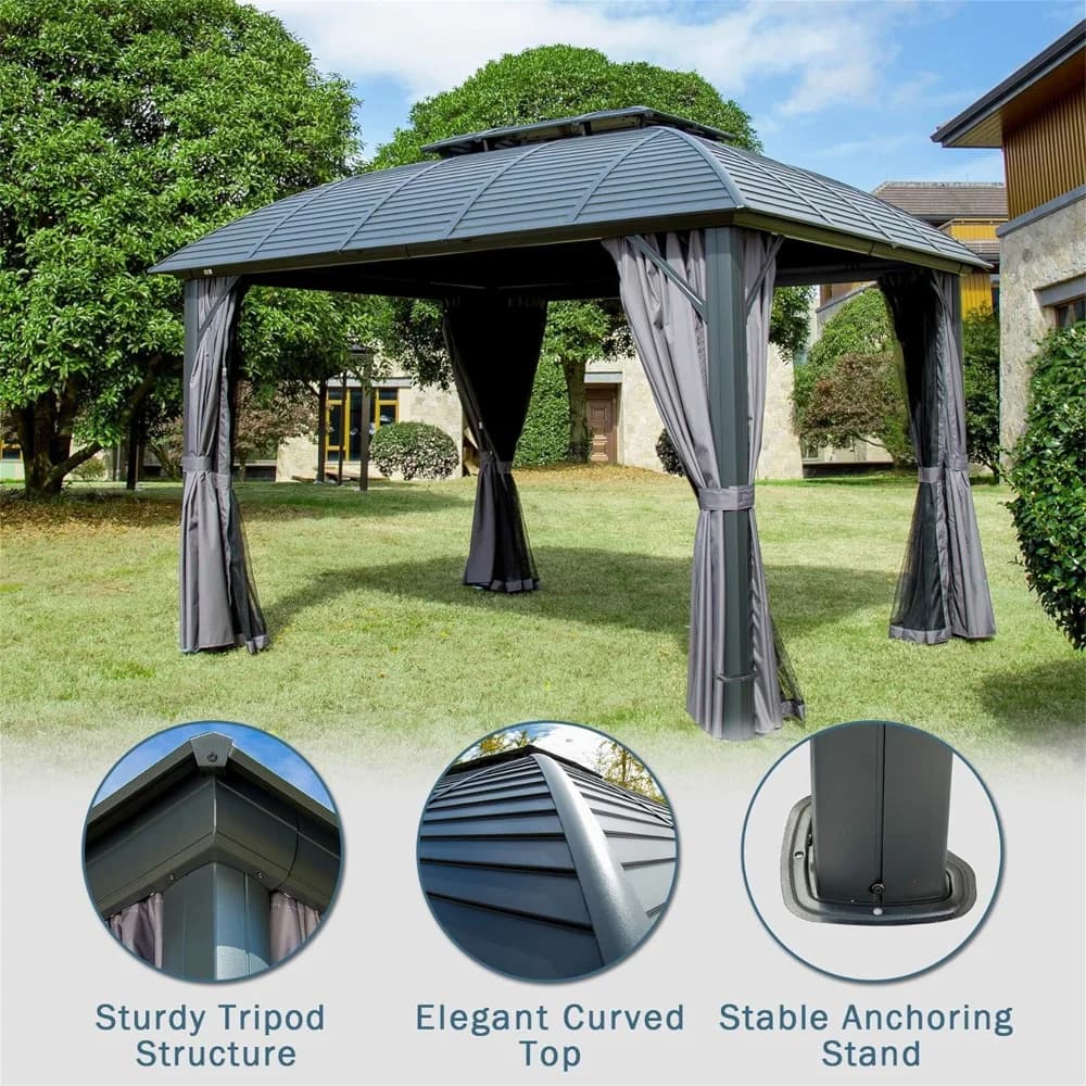 Ye 10'x12' Outdoor Permanent Hardtop Gazebo with Aluminum Frame for Patios, Deck, Backyard - Galvanized Steel Double Roof, Curtains and Netting for Lawns, Garden, Poolside