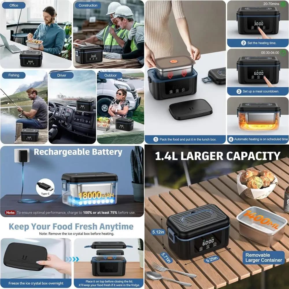 Lunch Box portatile riscaldato elettrico da 1,4 litri con batteria da 18000 mAh, ideale per adulti in viaggio