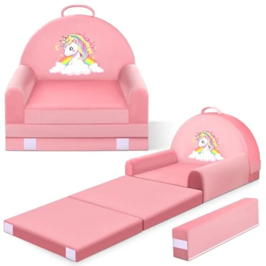 Divano Letto Unicorno con Rivestimento Rimovibile e Lavabile e Schienale con Chiusura a Strappo, Sedia Pieghevole per Bambini, Arredamento Accogliente in Velluto Cristallo