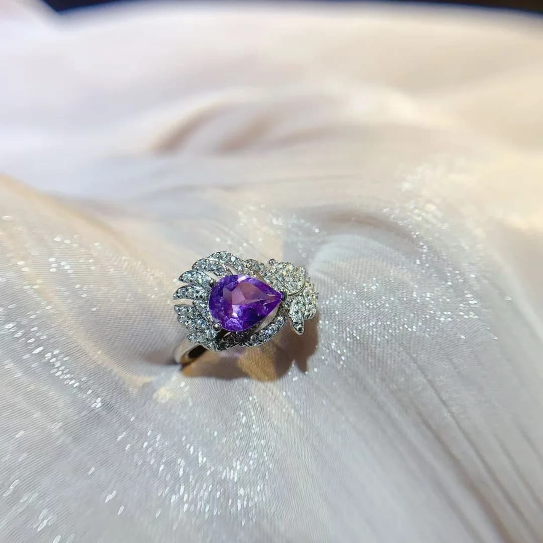 Designer Style Natural Amethyst Ring 6*8mm S925 Silver Inlay Fresh Shining Purple Gemstone Stylish Daily Jewelry