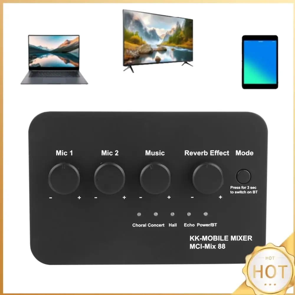 Mixer Audio Compatto per Karaoke con Connessione BT e Ingresso/Uscita AUX, 2 Ingressi Microfono, Macchina Audio Digitale per Karaoke per TV/PC e Amplificatore