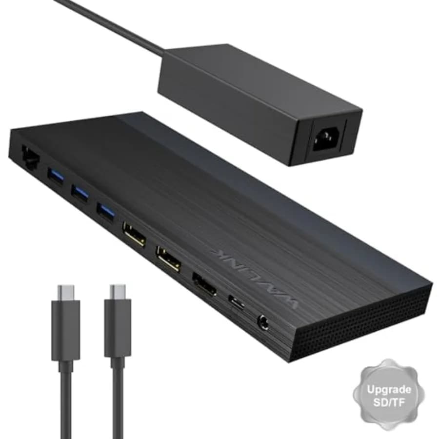 Laptop Docking Station for Windows systems: aluminum, black, supports 3 monitors via 2x DP + HDMI, 4K@144Hz, 130W PD charging,