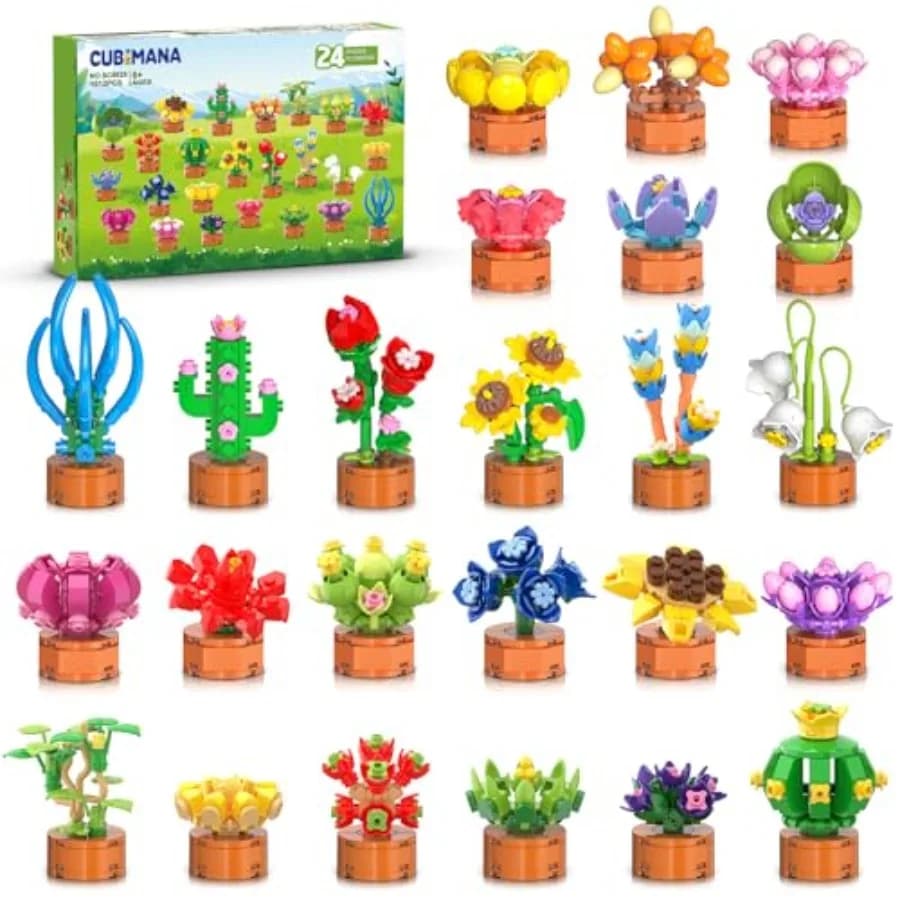 24 Pack Flowers Succulents Party Favors for Building Set - 1012PCS Botanical Bonsai 3.6mm Mini Building Blocks Toy for Goodie B