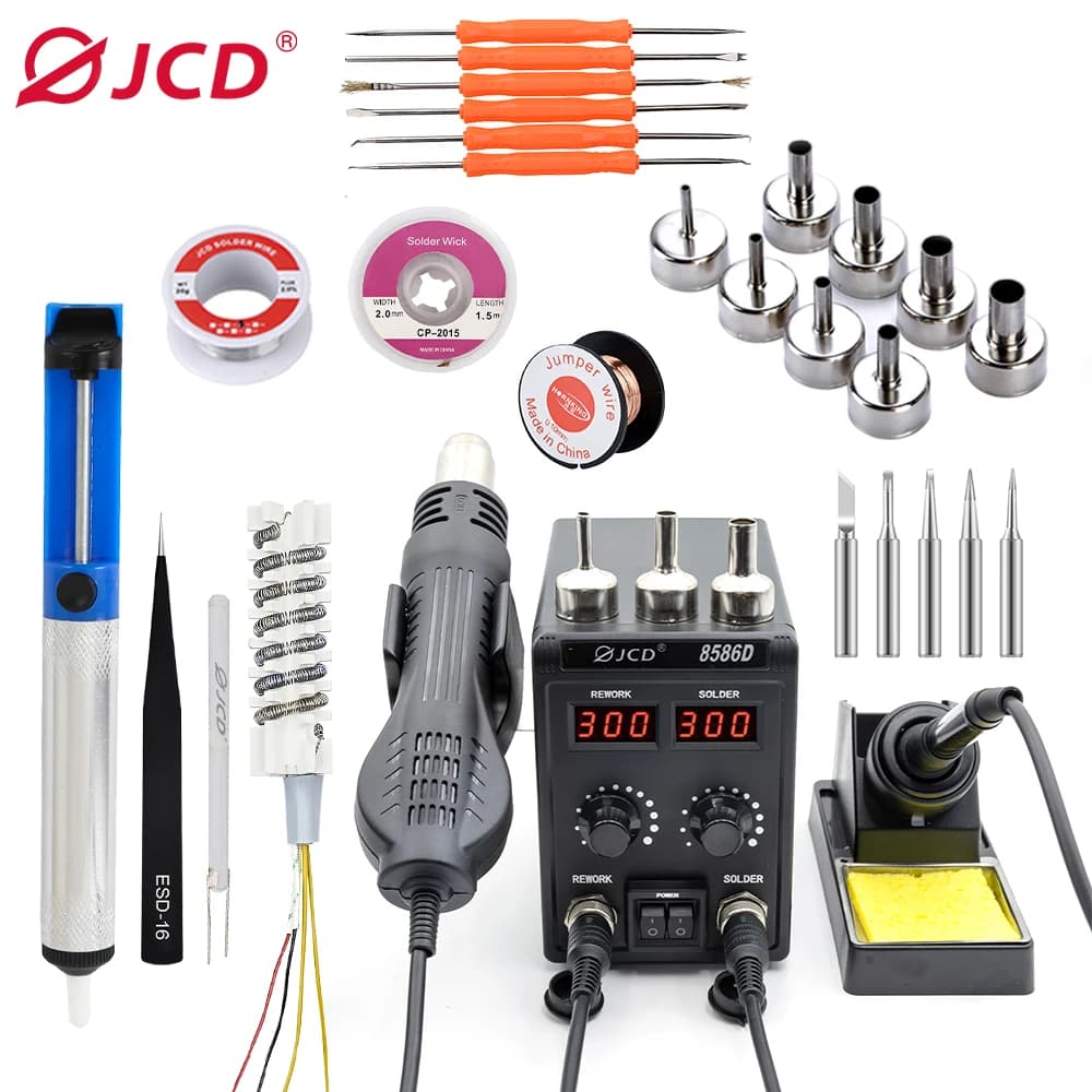 Stazione di saldatura JCD 750W 2 IN 1 Pistola ad aria calda LCD Doppio display digitale Saldatore elettrico Stazione di rilavorazione di saldatura SMD 8586D