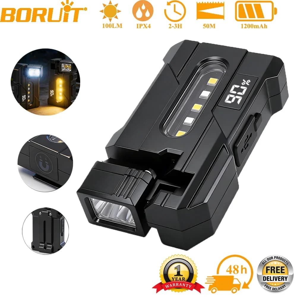 BORUiT XPE Dual Light Flashlight Super Bright Mini Rechargeable Adjustable Head with Magne t& Clip Work Light for Camping Hiking