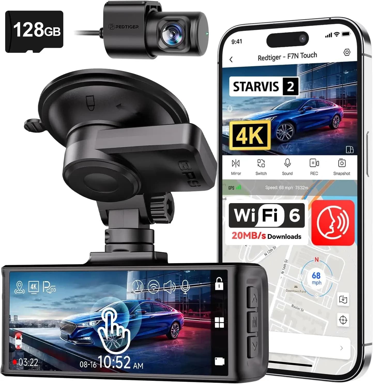 Dash Cam 4K STARVIS 2 Anteriore e Posteriore, WiFi 5GHz, Download 20MB/s, Scheda 128GB Inclusa, Controllo Vocale, Telecamera per Auto con 3