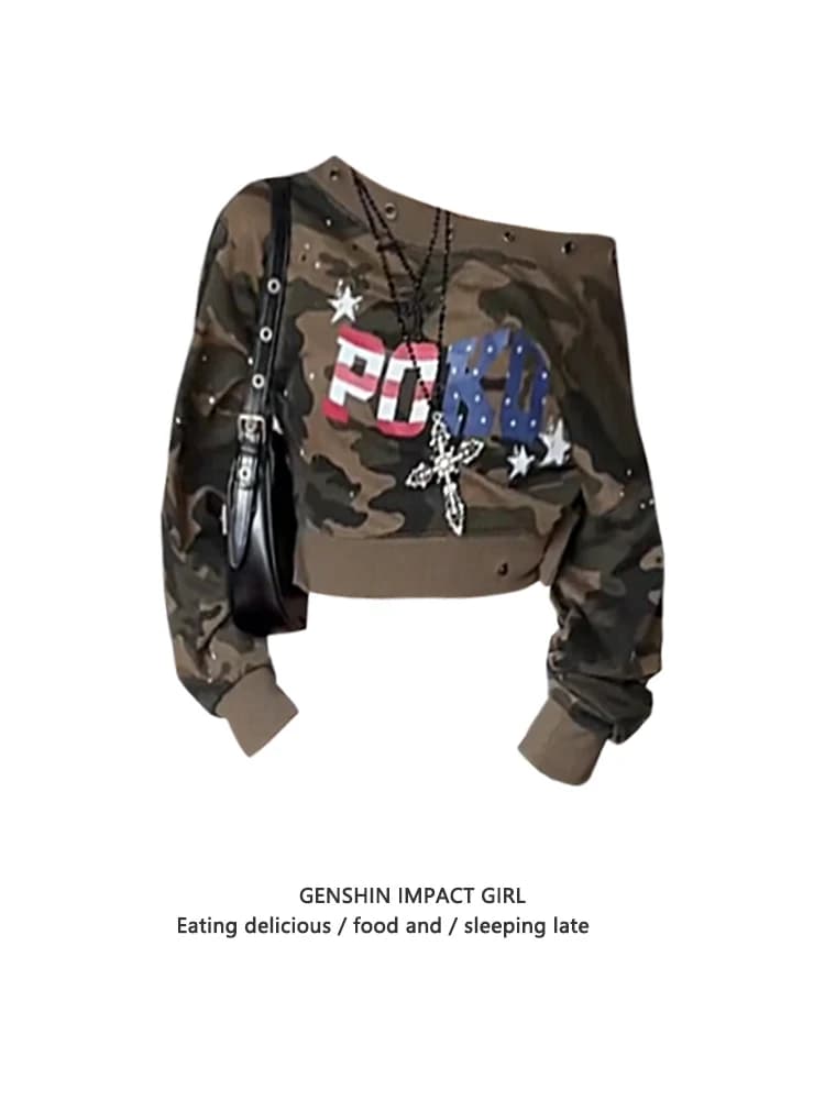 American Style Short Camouflage Shoulder Hoodie Women Early Autumn Design Letter Print Slimming Versatile Top Streetwear