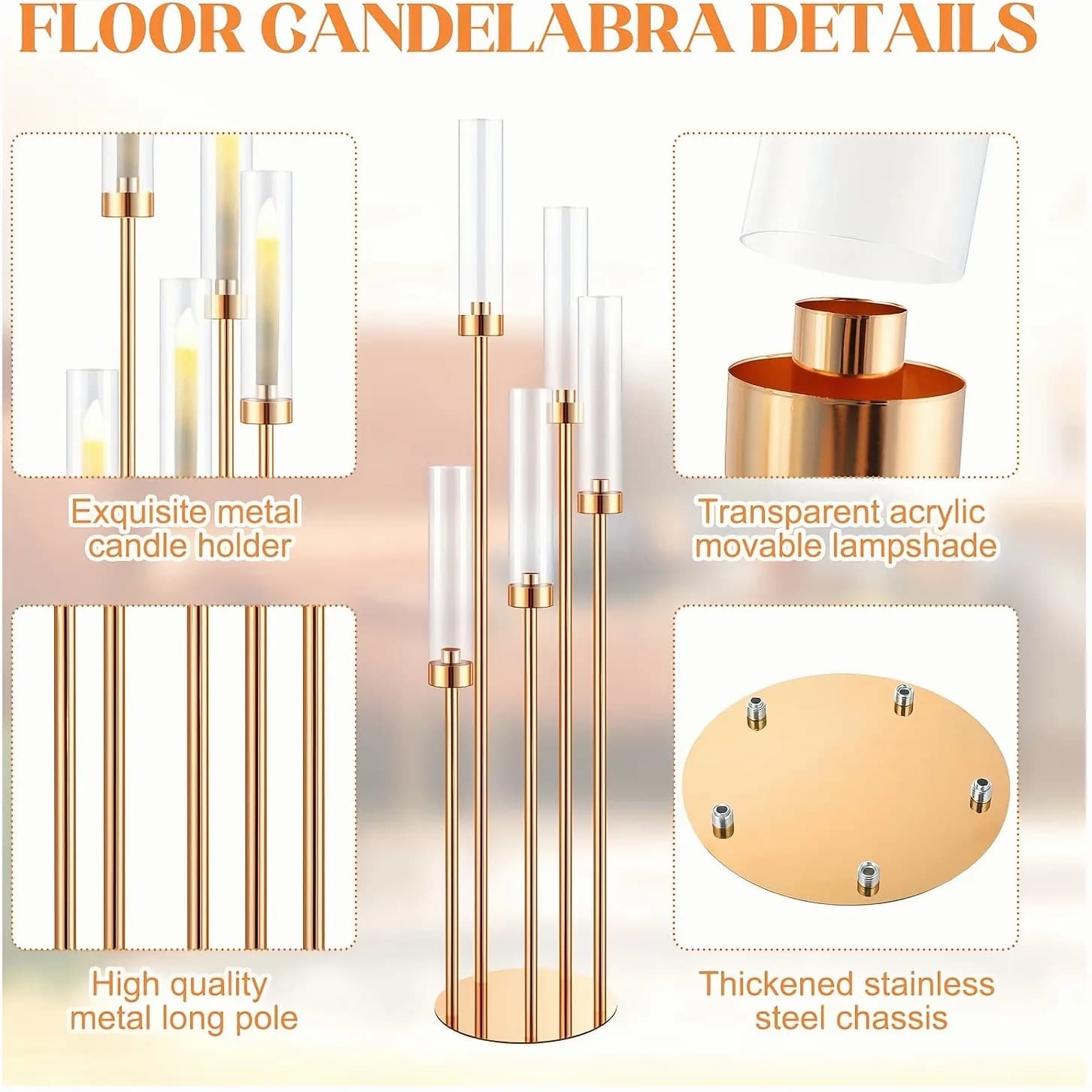 5-Arm Golden Metal Floor Candelabra – 42 Inch Tall Candle Holder for Weddings, Parties & Christmas Decor | Removable Acrylic Lam