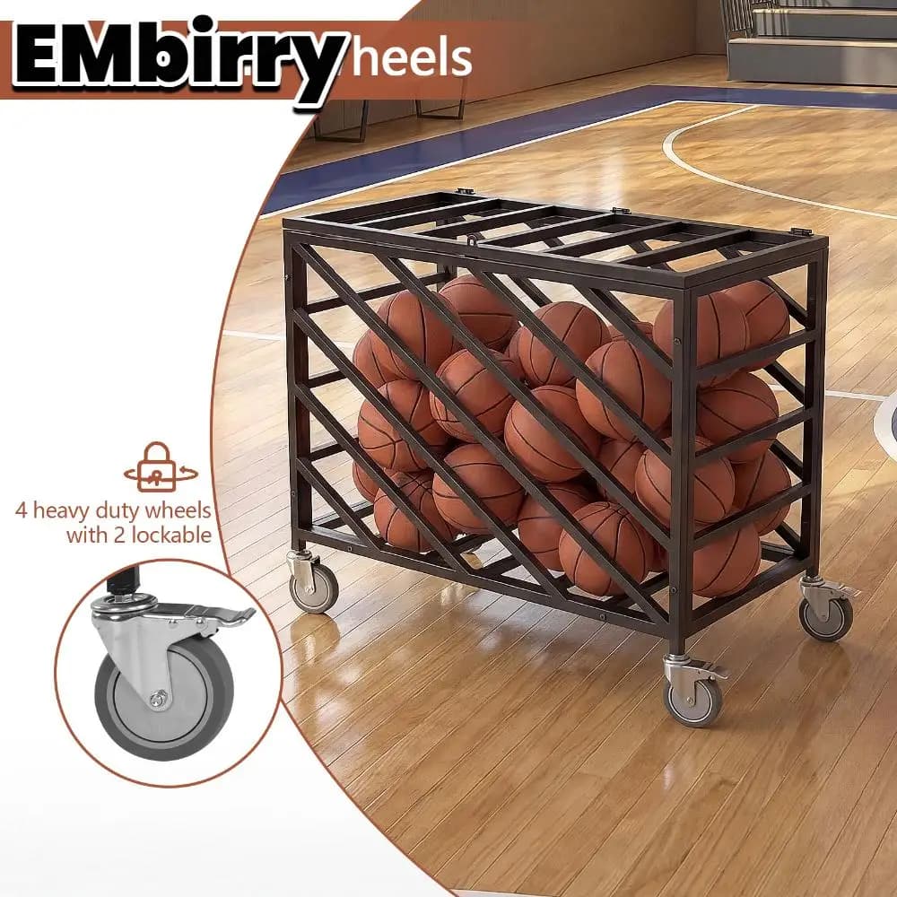 Contenitore per Palloni da Basket con Ruote, Porta Palloni da Ginnastica con Coperchio Bloccabile per Pallavolo, Palestra, Calcio, Parco Giochi