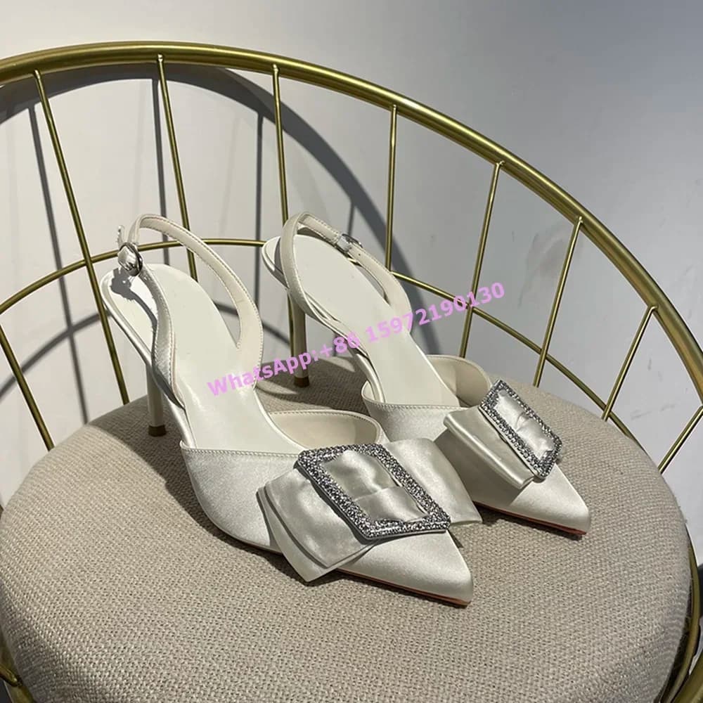 Sandali con fibbia in cristallo quadrato Sandali con punta a punta Tacchi sottili Cinturino con fibbia Scarpe con strass bianchi Scarpe eleganti da sposa estive da donna