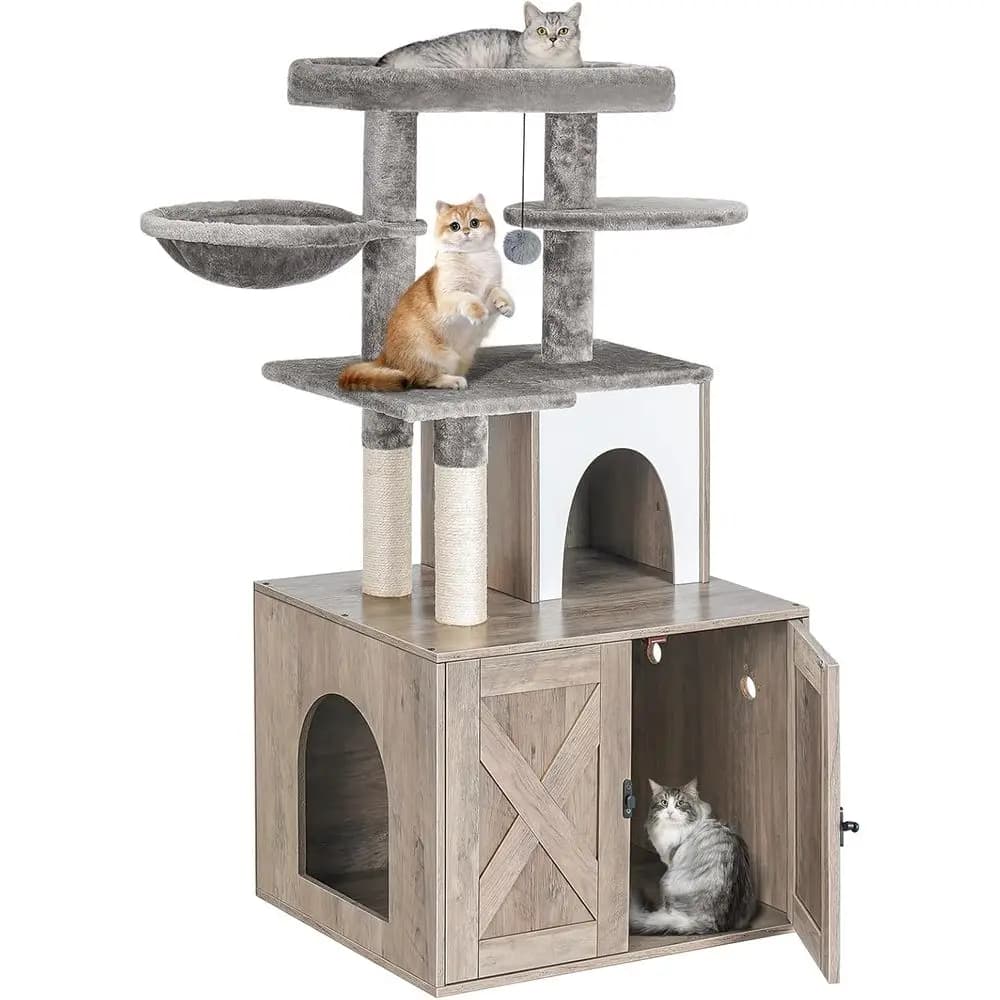 Mobiletto per lettiera per gatti con torre e casetta, mobiletto bagno nascosto con tiragraffi in sisal e cuccia morbida, in legno