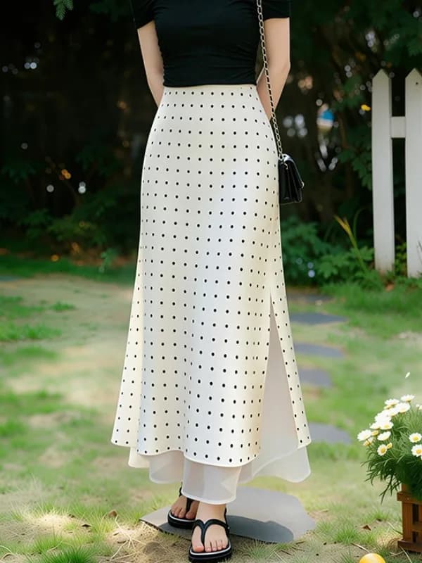 Spring Summer 2026 Elegant Peach Color Polka Dot Satin A-Line Skirt Slimming Mesh Splicing High Waist Long Skirt