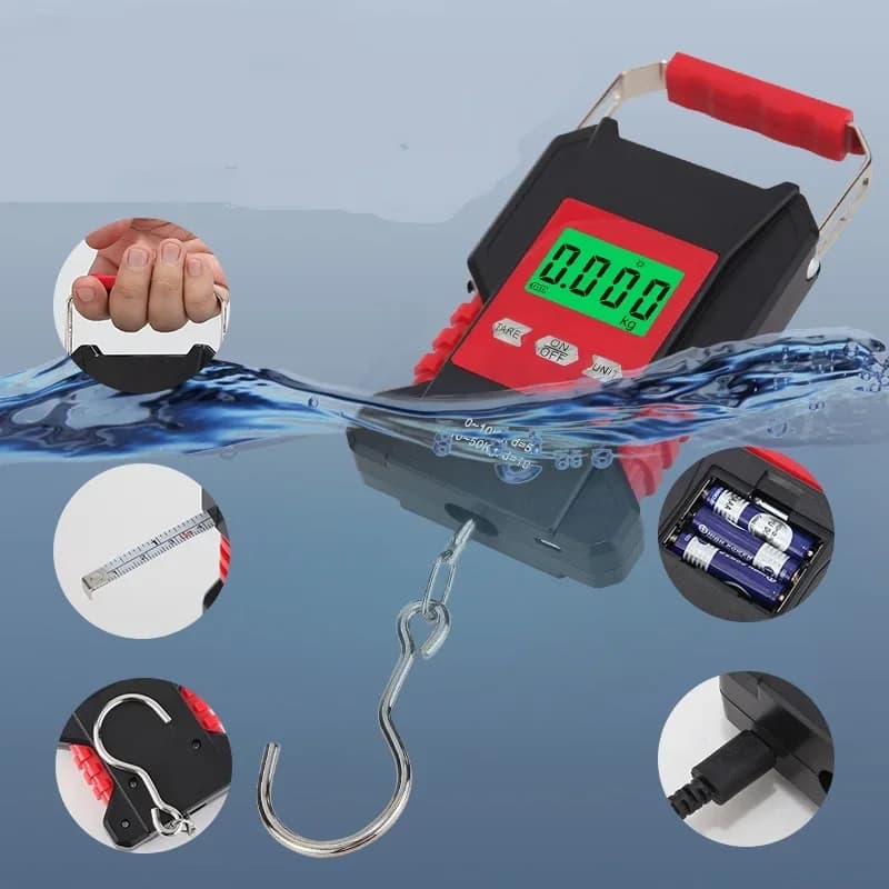 Bilancia da pesca portatile impermeabile da 50 kg Bilancia a gancio sospesa ricaricata digitale per corriere Caccia Bagagli Casa che pesa nastro da 1,5 m