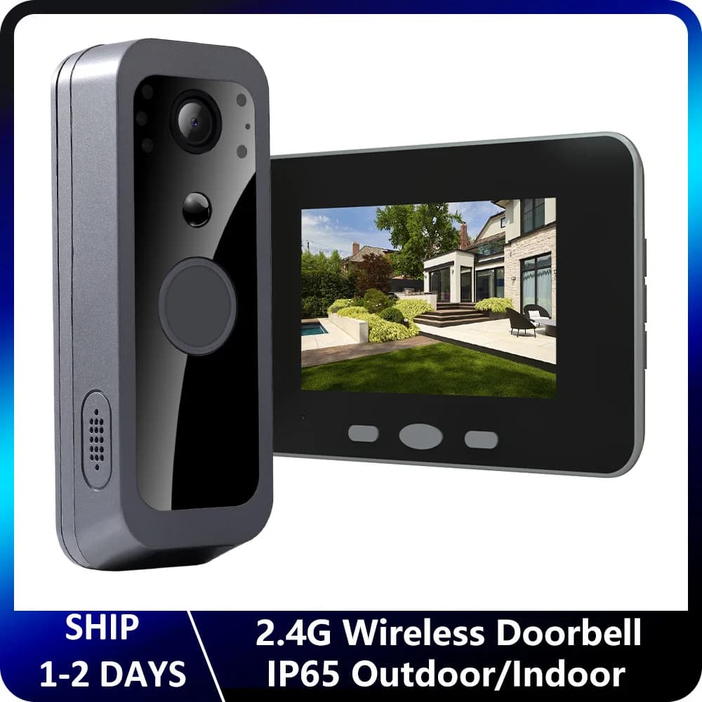 Audio video wireless 2.4G Campanello esterno impermeabile alimentato a batteria Telecamera per visione notturna PIR con monitor da 4 "APP NON richiesto