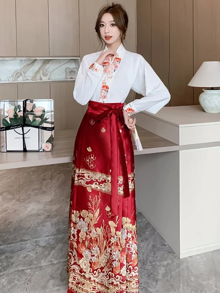 Set Gonna Hanfu Modificata in Stile Cinese Rosso, Taglia Piccola, per Donna, Autunno Inverno, Vita Alta, Linea A, Stampa Ricamata