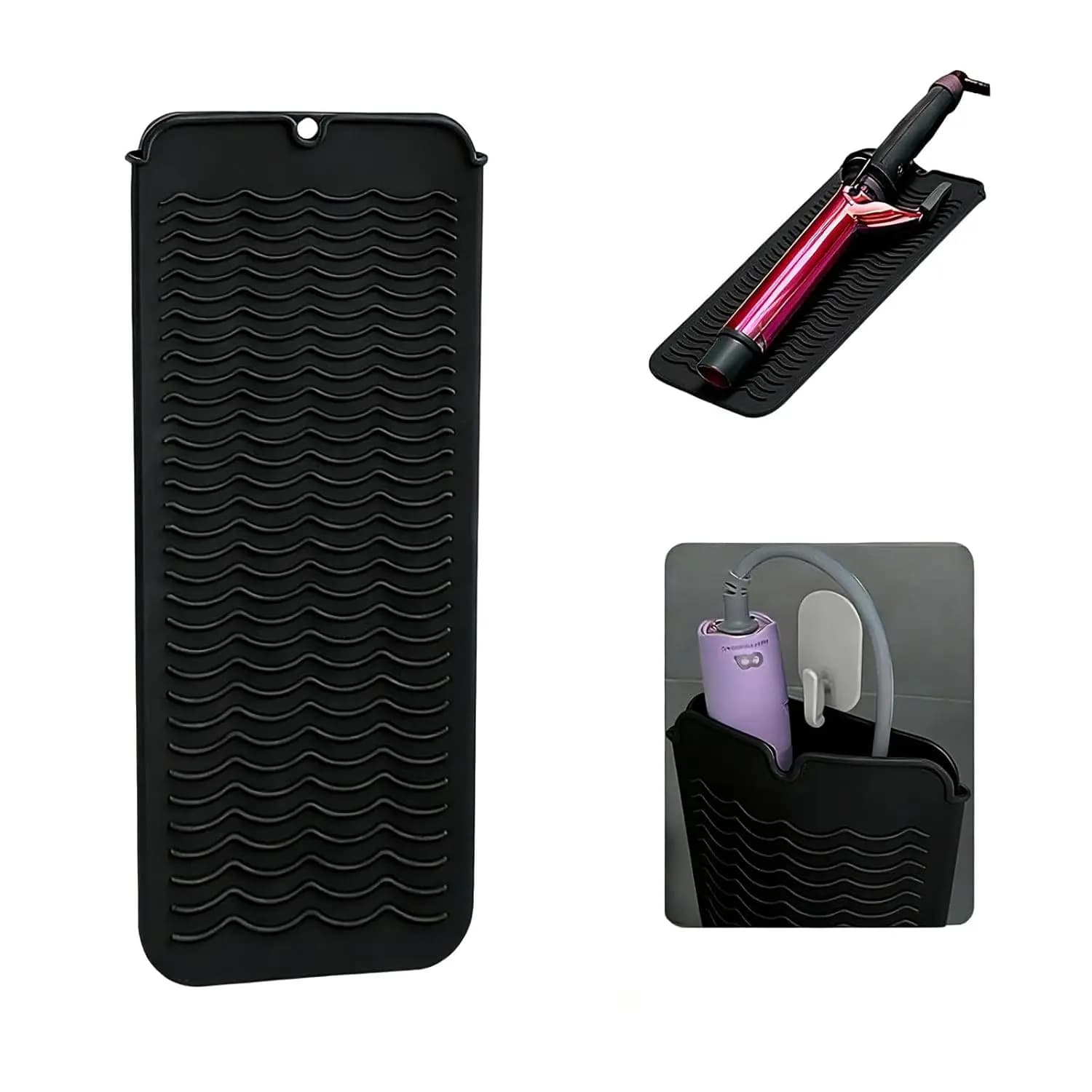 Tappetino in silicone resistente al calore con foro per appendere, tappetino da viaggio resistente al calore e custodia per ferro arricciacapelli, piastra e altri strumenti per lo styling dei capelli, 11 x 5 pollici, nero