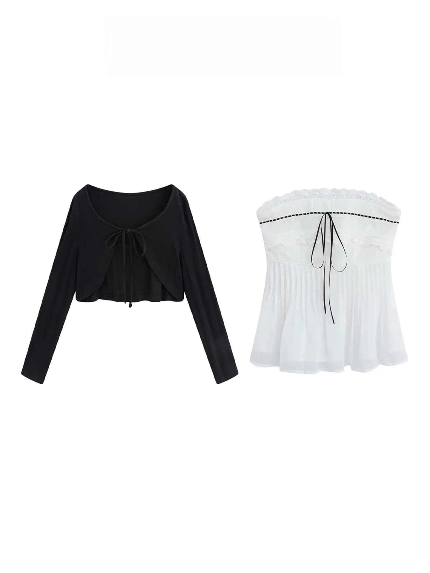 Set Due Pezzi Pure Desire: Top Corto Sexy con Bordo in Pizzo e Cardigan Nero Aperto, Stile Corto con Cintura, Moda Femminile