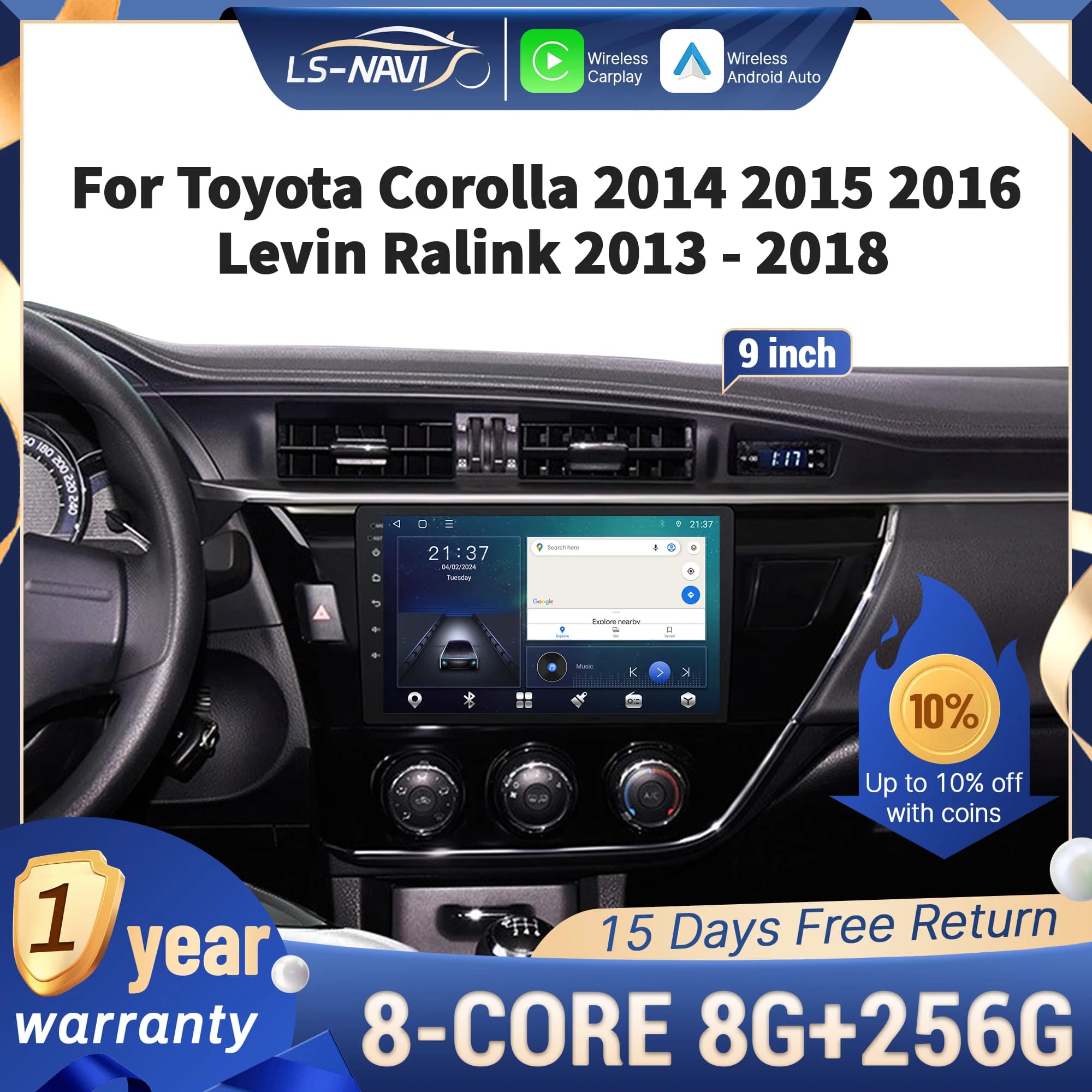 CarPlay Car Stereo for Toyota Corolla 2014-2018 Wireless 4G Touch Screen Multimedia GPS Navigation for Levin Ralink Models