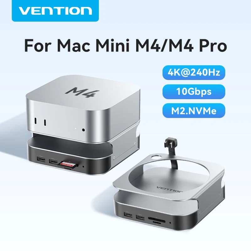 Vention USB HUB Docking Station per Mac Mini M4 Pro DP 4K@240Hz M.2 NVMe SSD USB 3.2 10Gbps 3.5MM SD&TF per Mac Mini M4/M4 Pro