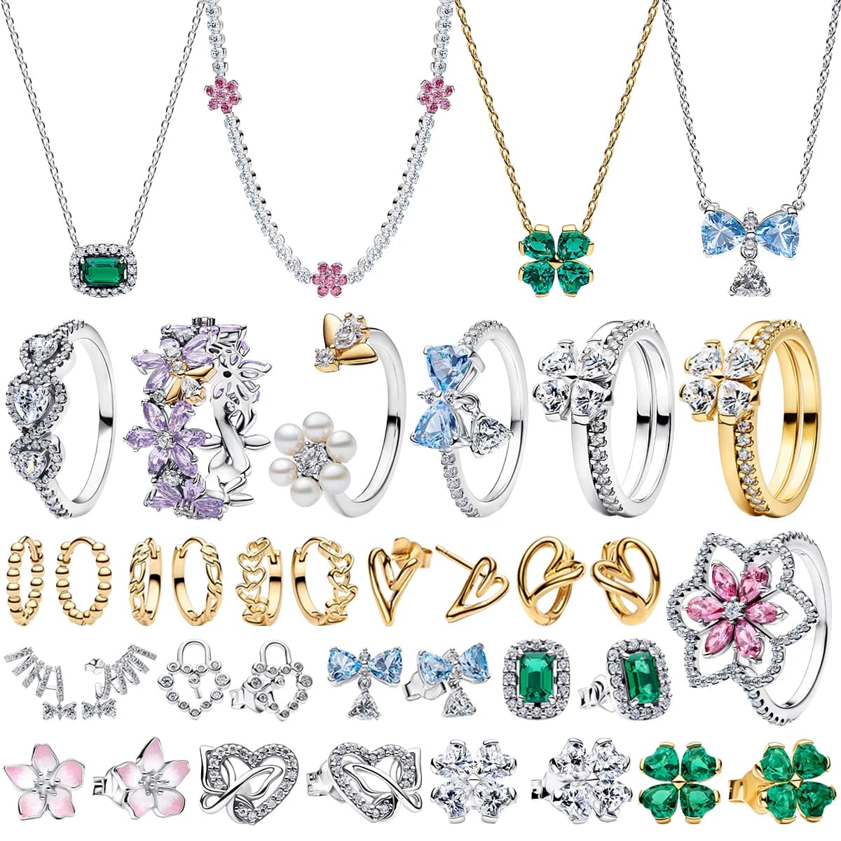 Collana con Ciondolo a Quadrifoglio Floreale in Argento S925 con Smeraldo Portafortuna, Anello Floreale, Orecchini a Perno a Cuore con Fiocco Dorato e Fiore, Gioielli Raffinati