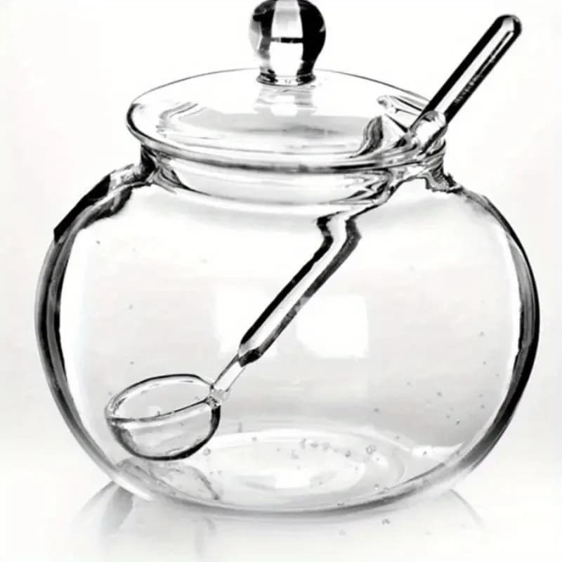 Barattolo in Vetro Trasparente da 350ML con Coperchio e Cucchiaio, Contenitore per Conservazione, Vasetto per Miele con Coperchio e Miscelatore in Vetro