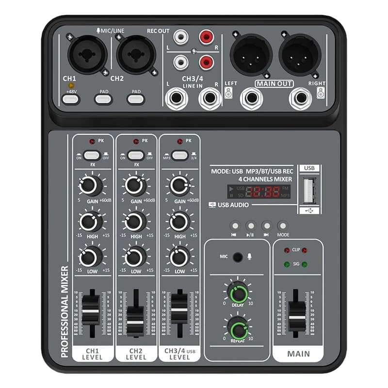 Mixer audio a 4 canali Mixer audio da studio USB Phantom Power 48V Mixing console DJ Bluetooth per Karaok