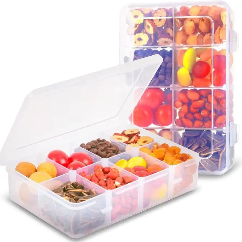Contenitore per snack a 8 scomparti, scatola portaoggetti in plastica con coperchio e scomparti regolabili per snack, trasparente per alimenti.