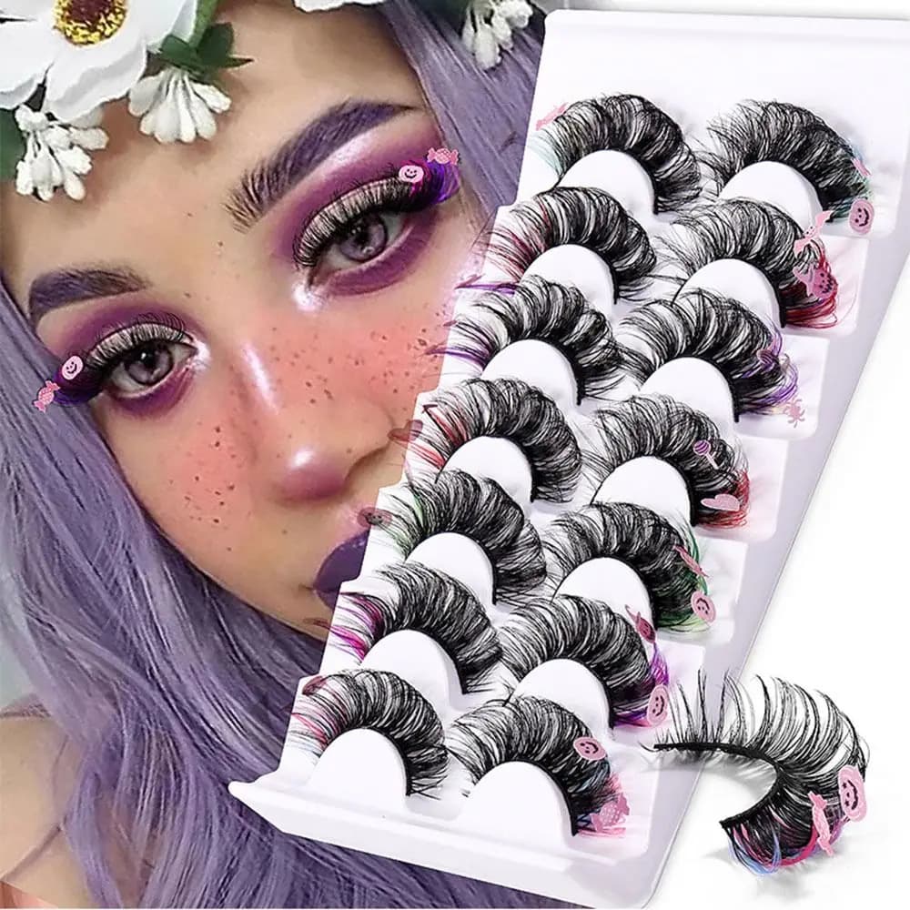 7 Paia di Ciglia Finte Drammatiche e Colorate, Spesse e Voluminose, Stile Pipistrello, con Paillettes per Halloween, in Visone, a Striscia Intera, Morbide e Colorate