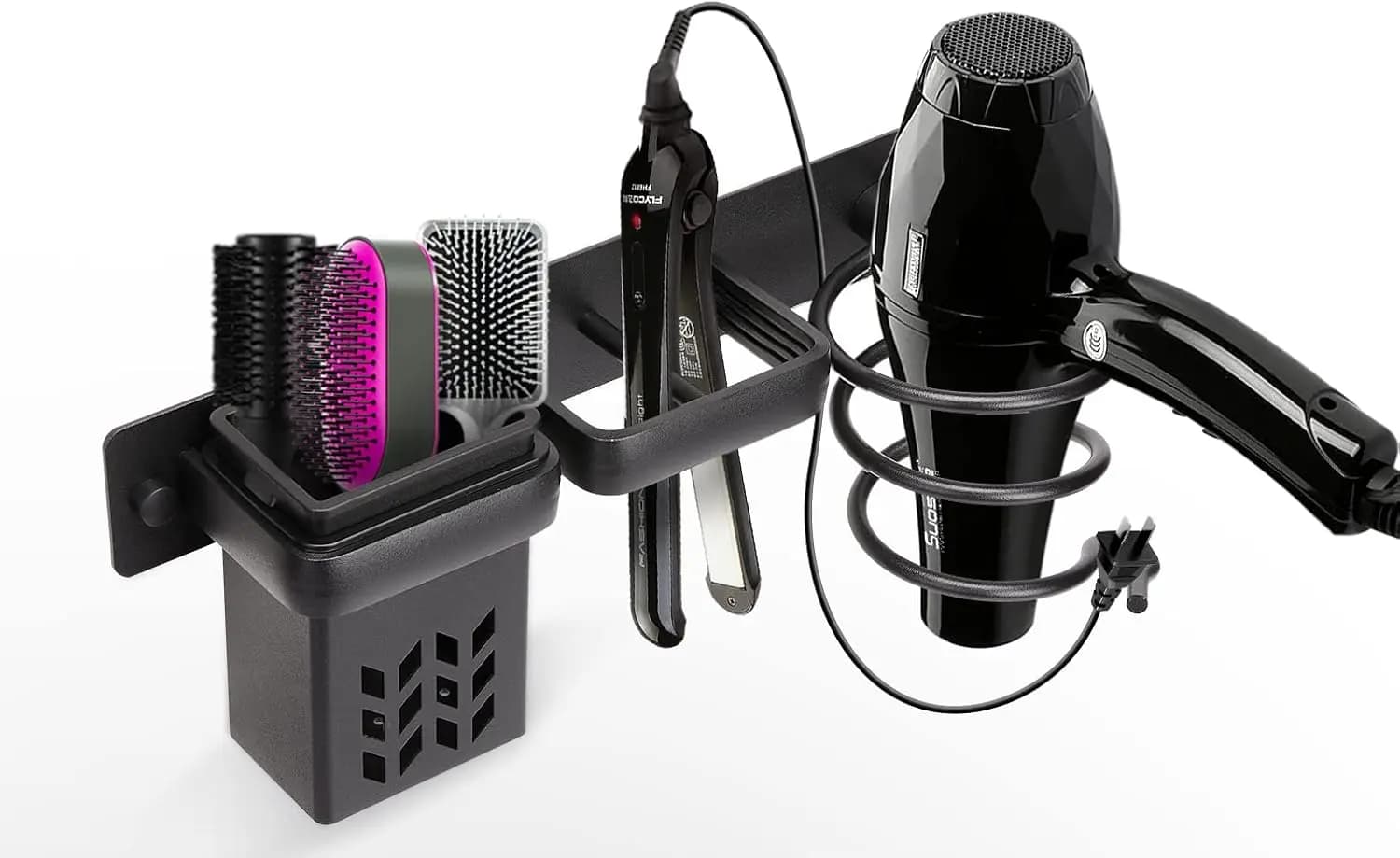 Supporto da Parete per Asciugacapelli con Mensola a Spirale e Portabicchiere, Organizzatore Professionale in Alluminio Nero per Bagno