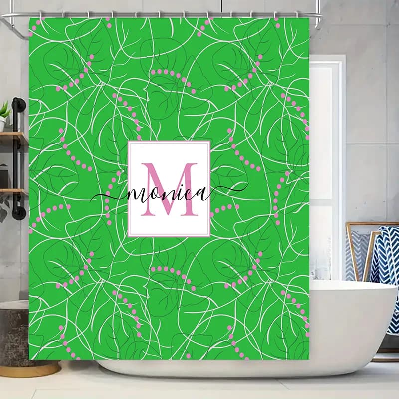 Set tenda da doccia con monogramma personalizzato personalizzato per l'arredamento del bagno Stampa floreale verde con accenti rosa, iniziali personalizzate Disp