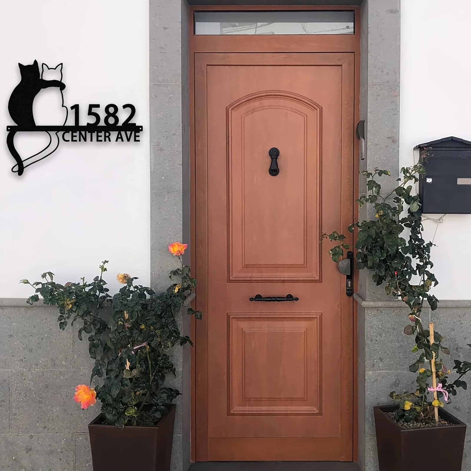 Targa Personalizzata con Numero Civico e Nome della Strada a Forma di Gatto Nero, Decorazione Floreale, Resistente alle Intemperie