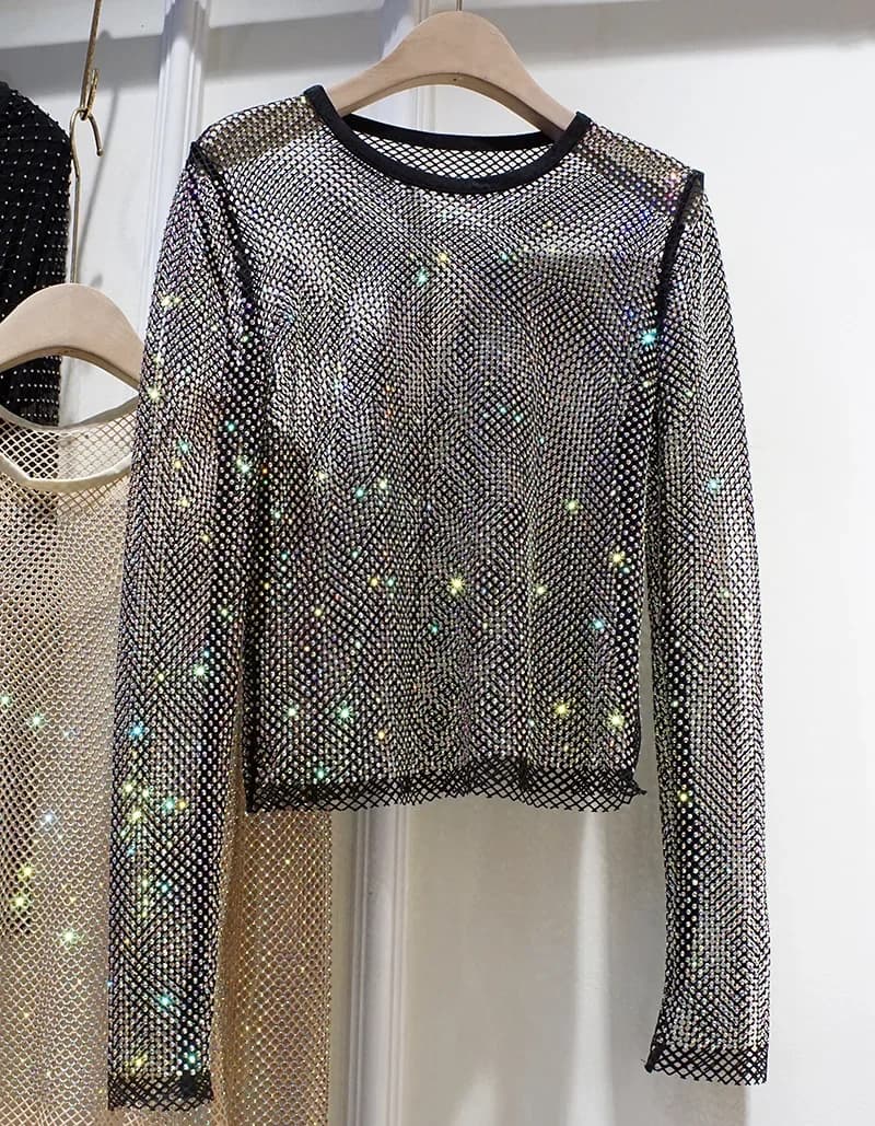 Estate nuove signore temperamento strass girocollo manica lunga brillante Starlight Hollow lucido che tocca la camicia da donna Top Trend