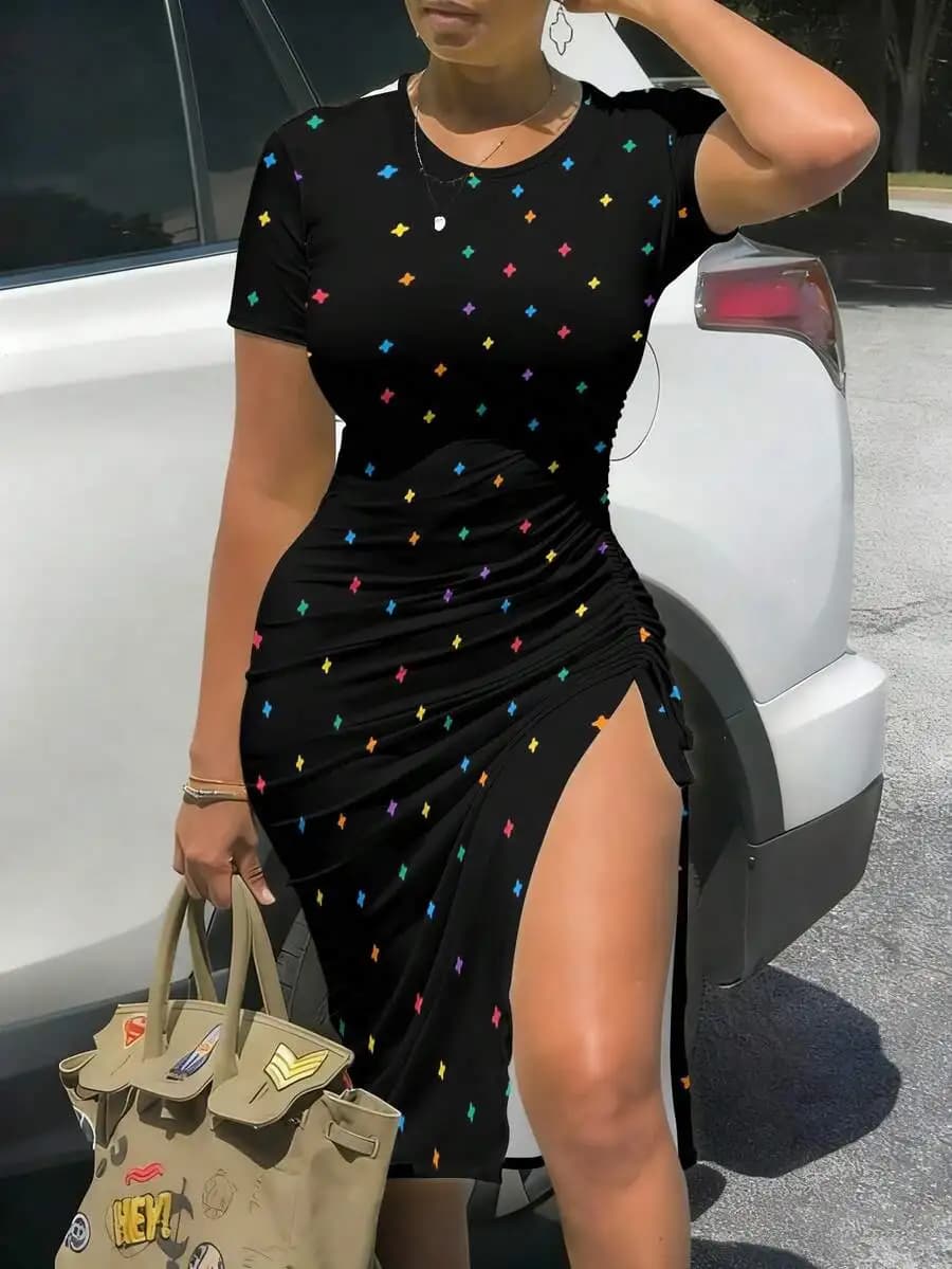Womens Black Dress With Colorful Diamond Print And High Slit Hem