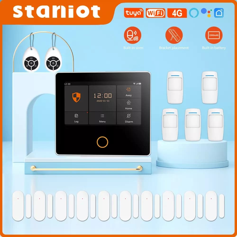 Staniot WiFi 4G home security system Wireless Tuya Smart Home Built-in siren alarm sensors works with Alexa,Support anti-theft kit for app remote control