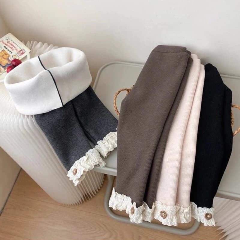 2025 Leggings per bambine imbottiti in pile a righe invernali Pantaloni per ragazze aderenti con fiori in pizzo caldo