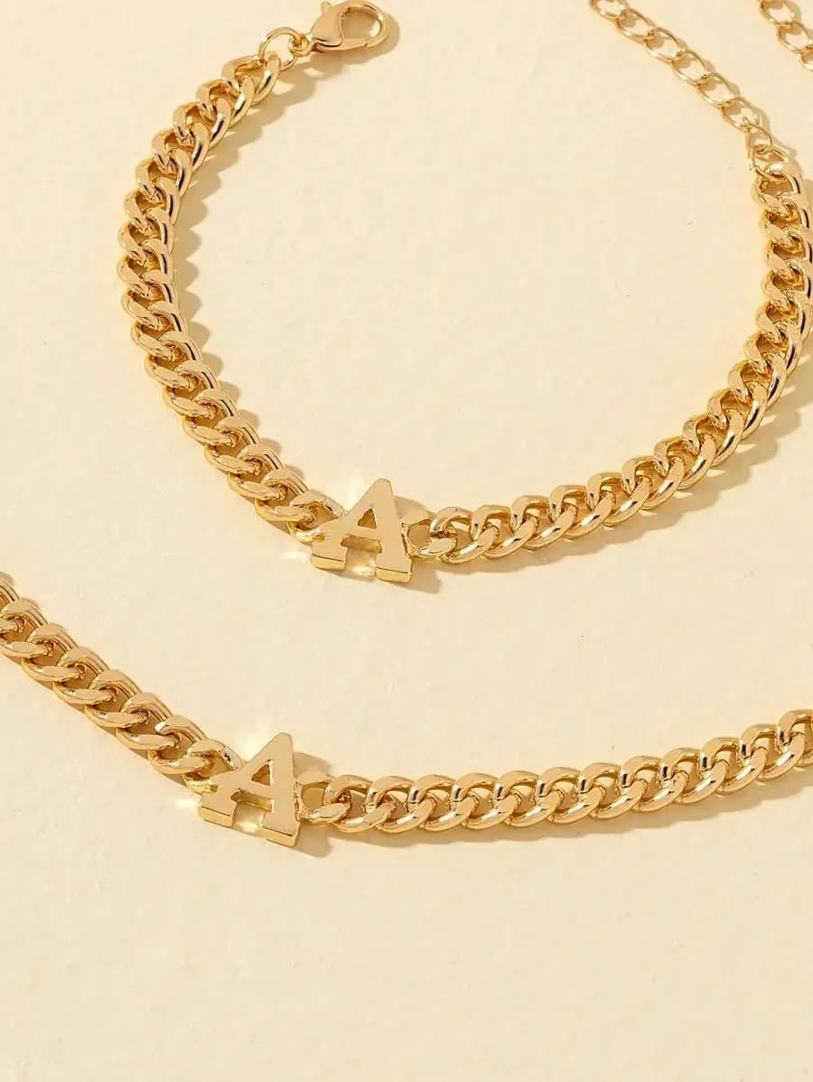 Fashion Zinc Alloy Letter A Chain Necklace And Bracelet Set For Women Daily Wear