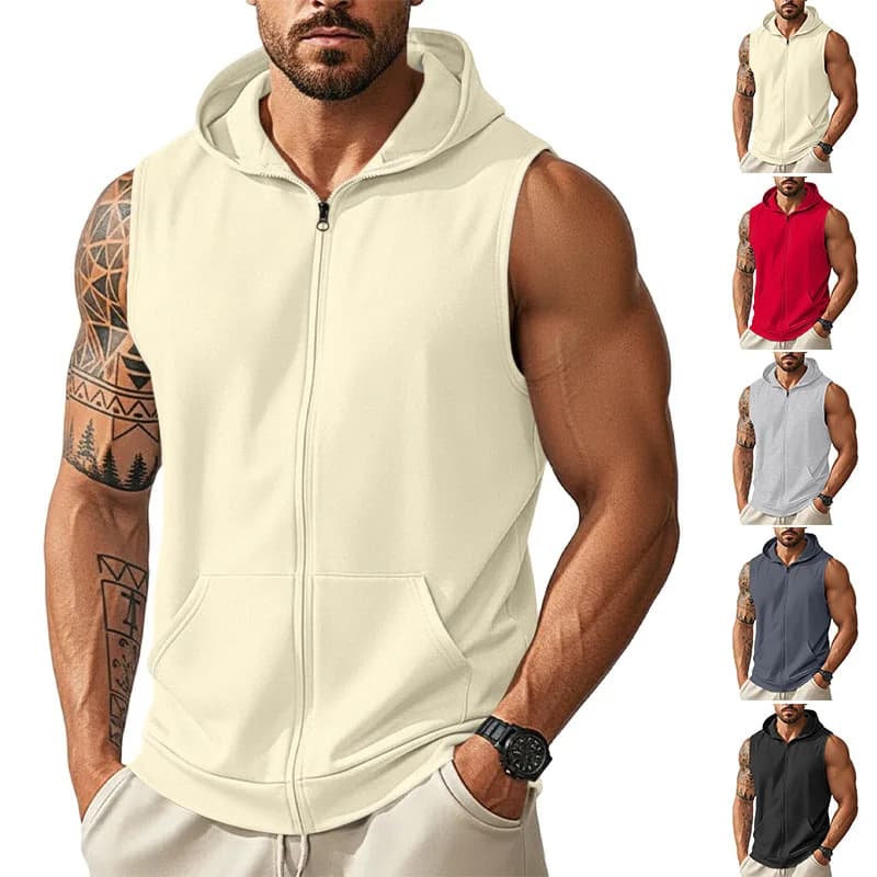 Minimal Solid Sleeveless Zip Hoodie for Men With Pockets, Comfort Breathable Fitness Casual Summer Tops