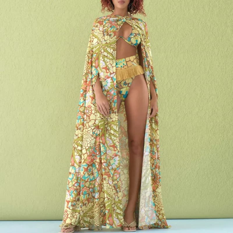 Costume da Bagno Bikini Stile Etnico Europeo e Americano con Stampa e Frange, Costume da Bagno Femminile di Alta Gamma