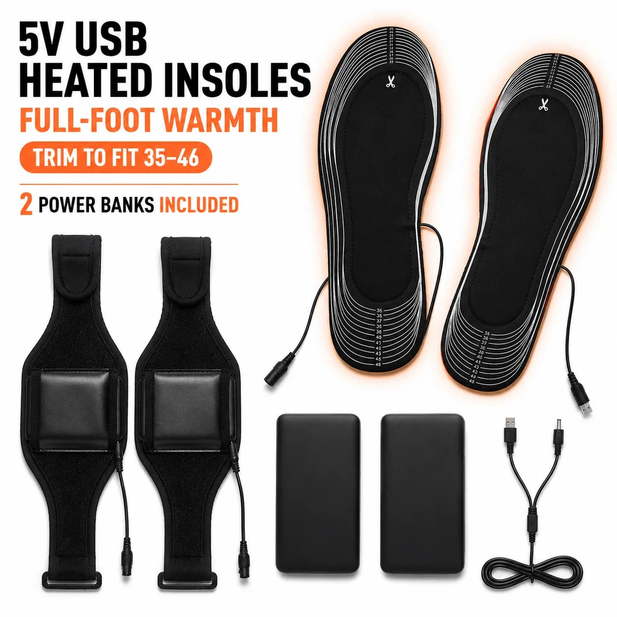 USB Heated Insoles Rechargeable 5V Full Foot Warmers Cut‑to‑Size 35‑46 Winter Heating Shoe Insoles With Power Bank For Outdoor